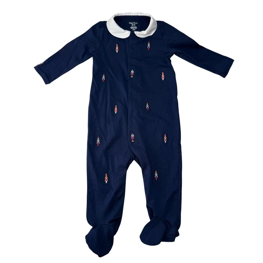 Ralph Lauren Baby 6M Navy Blue Nutcracker Embroidered Footed Sleeper NEW